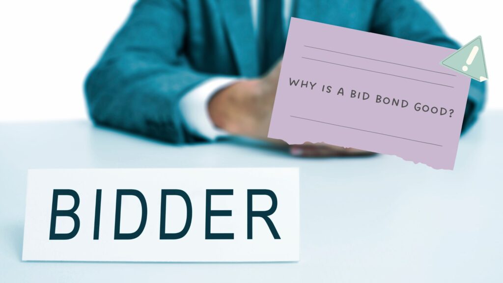 Why is a bid bond good? - A man wearing a suit sitting in a desk with a desktop nameplate in front of him with the word bidder.